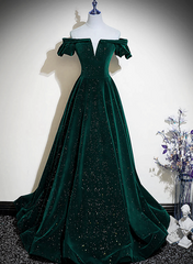 Dark Green Velvet Off Shoulder Long Party Dress