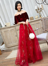 Wine Red Velvet and Tulle A-line Floor Length Party Dress