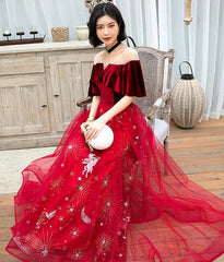 Wine Red Velvet and Tulle A-line Floor Length Party Dress