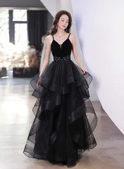 Black Tulle Straps V-neckline Beaded Long Formal Dress