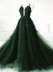 Vestido formal verde oscuro con corte A, espalda abierta, tul, encaje floral