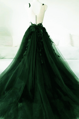 Vestido formal verde oscuro con corte A, espalda abierta, tul, encaje floral