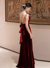 Wine Red Velvet Straps Low Back Long Wedding Party Dress