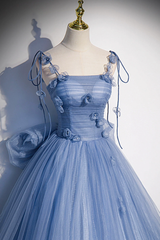 Blue Spaghetti Strap Tulle with Flowers Long Formal Dress