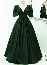 Green Satin Short Sleeves Long Party Dress