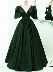 Green Satin Short Sleeves Long Party Dress