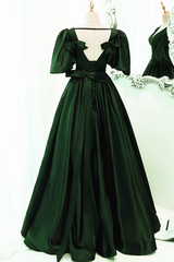 Green Satin Short Sleeves Long Party Dress