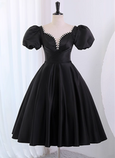 Black Satin Short Sleeves Knee Length Party Dress