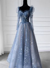 Blue Long Sleeves Sweetheart Beaded Tulle Formal Dress