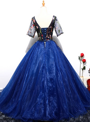 Blue Ball Gown Tulle with Lace Short Sleeves Party Dress