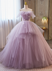 Vestido largo de fiesta de tul morado claro para dulces 16
