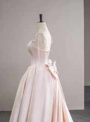 Pink Satin Straps Long Formal Dress with Bow