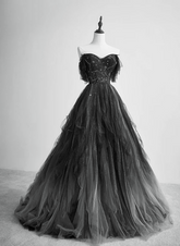 Black Tulle Gradient Long Party Dress with Beadings
