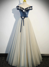 A-line Blue-Grey Off Shoulder Long Party Dress
