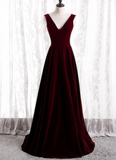 Wine Red Velvet V-neckline Simple Long Party Dress