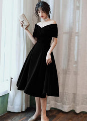 Black Velvet Tea Length Off Shoulder Party Dress