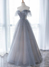 Chic Grey Beaded Layers Tulle Long Formal Dress