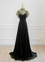 Vestido largo de fiesta de boda de terciopelo verde con corte A