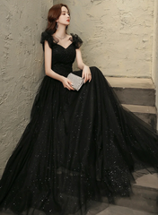 Black Tulle Beaded A-line Long Prom Dress