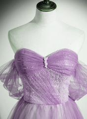 Vestido de fiesta lavanda de tul con hombros descubiertos, corte A y cuentas