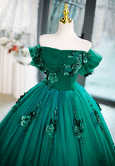 Beautiful Green Off Shoulder Party Dress with Flowers