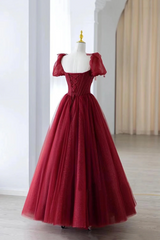 Wine Red Tulle Beaded Long Prom Dress