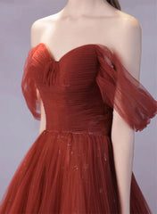 Vestido formal largo de tul rojo vino con escote en forma de A y escote en forma de corazón