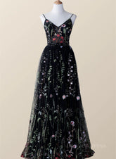 Black Floral Tulle A-line V-neckline Long Prom Dress