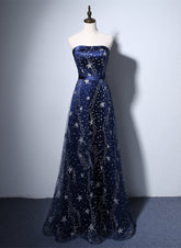 Vestido de noche largo de tul azul marino con corte en A