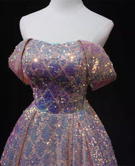 Pink Sequins Off Shoulder A-line Long Prom Dress