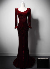 Wine Red Velvet Long Sleeves Mermaid Long Prom Dress