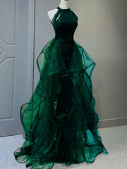 Vestido largo de fiesta con lentejuelas verdes y tul
