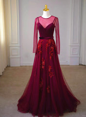 Vestido de fiesta largo de tul y terciopelo rojo vino con corte A