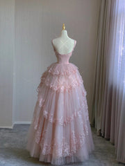 Vestido formal largo de tul y encaje con tirantes rosas en forma de A
