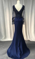 Vestido de noche de sirena con mangas largas de spandex azul marino