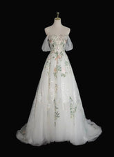 A-line Tulle with Flower Lace White Wedding Party Dress