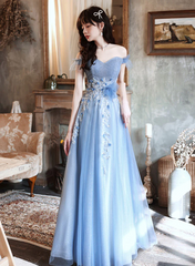 A-line Blue Off Shoulder with Lace Long Evening Dress
