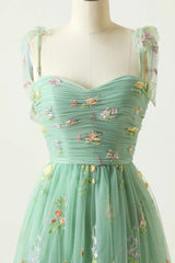 A-line Green Straps Sweetheart Floral Tulle Prom Dress