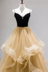 Champagne Tulle A-line Sweetheart Beaded Straps Prom Dress