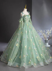 Green Tulle Floral Long Party Dress Prom Dress