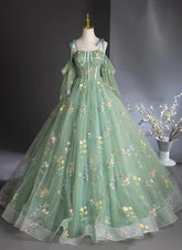 Green Tulle Floral Long Party Dress Prom Dress
