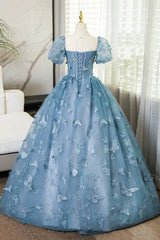 Precioso vestido de fiesta largo de manga corta azul con encaje de mariposa