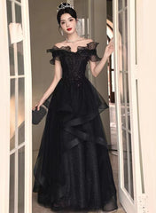 A-line Black Tulle and Lace Off Shoulder Party Dress