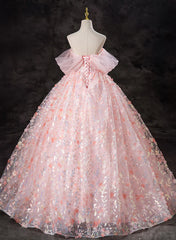Vestido de fiesta largo con hombros descubiertos y encaje rosa