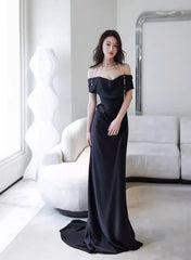 Black Off Shoulder Soft Satin Floor Length Party Dress