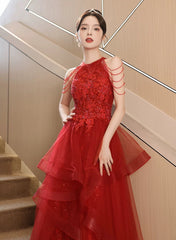 Chic Red Tulle Halter A-Line Long Evening Dress