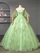 Lovely Light Green Floral Straps Long Formal Dress