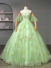 Lovely Light Green Floral Straps Long Formal Dress