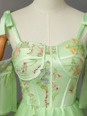 Lovely Light Green Floral Straps Long Formal Dress