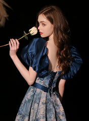 Blue Floral A-line Scoop Long Prom Dress Party Dress